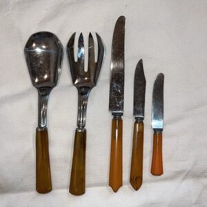 Lot of Vintage Art Deco Bakelite Handle Knives & Salad Serving Set Butterscotch